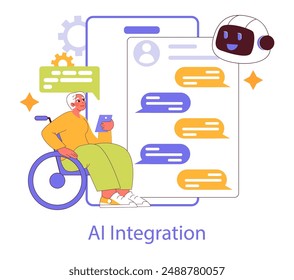 Concepto de tecnología inclusiva. Persona en silla de ruedas usando App con asistencia de chatbot AI. Ilustración vectorial de comunicación digital accesible.