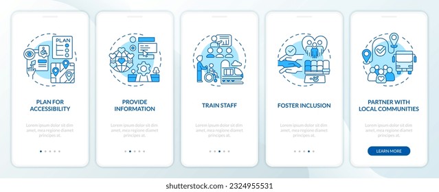 Inclusive travel blue onboarding mobile app screen. Barrier free walkthrough 5 steps editable graphic instructions with linear concepts. UI, UX, GUI template. Myriad Pro-Bold, Regular fonts used