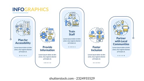 Inclusive travel experience rectangle infographic template. Barrier free. Data visualization with 5 steps. Editable timeline info chart. Workflow layout with line icons. Lato-Bold, Regular fonts used