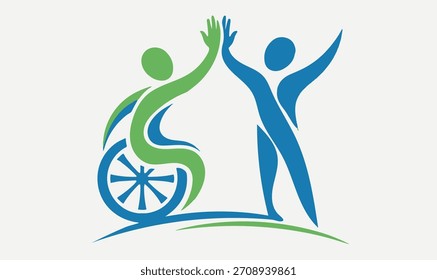 Inklusives Unity-Logo. Stilisierte menschliche Figuren mit Rollstuhlunterstützung. inklusives Logo. Einheitssymbol. Support-Symbol. stilisierte menschliche Figuren. Rollstuhlgrafik. Design der Zugänglichkeit.