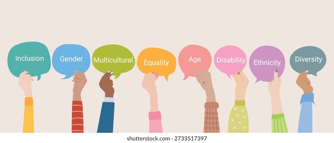 Inclusive vector illustration of raised hands holding speech bubbles labeled inclusion, gender, multicultural, equality, age, disability, and ethnicity.
