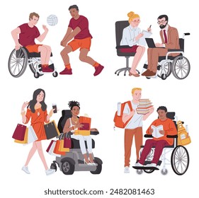 Conjunto de Ilustración vectorial inclusiva de personas con discapacidad en actividades. Personas en sillas de ruedas practicando deportes, trabajando en una oficina, haciendo compras, estudiando, mostrando diversidad y accesibilidad