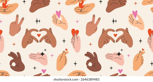 Padrão de vetor sem emenda inclusivo com mãos de diferentes tons de pele. Amor e gestos de gratidão com corações em um fundo leve. Diversidade, compreensão mútua, unidade e conceito de união