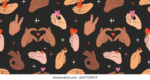 Padrão de vetor sem emenda inclusivo com mãos de diferentes tons de pele. Amor e gestos de gratidão com corações em um fundo preto. Diversidade, compreensão mútua, unidade e conceito de união