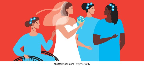 Boda inclusiva. Ilustración de material vectorial plano. El invitado está en una silla de ruedas. Novia con vestido de novia con damas de honor. Persona discapacitada en la celebración. Gráficos vectoriales