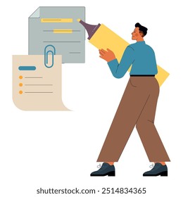 Inklusives Arbeitsumgebungskonzept. Ein bebilderter, vielfältiger Geschäftsmann optimiert den Arbeitsablauf mit übergroßen Dokumenten. Büroorganisation und Effizienz. Vektorgrafik.