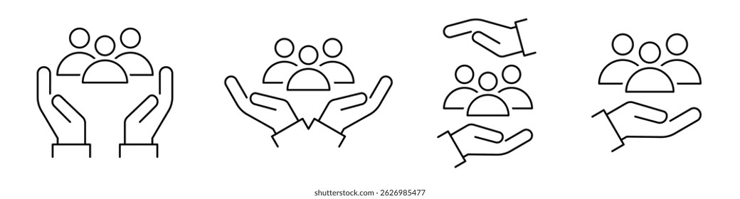 Ein inklusiver Workersymbolsatz. Community Care. Soziale Gerechtigkeit. Hilfe oder Support für Mitarbeiter. Gleichstellungssymbol auf weißem Hintergrund. Vektorgrafik.