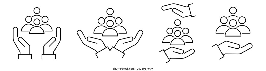 Um conjunto de Ícones de Trabalho Inclusivo. Cuidados com a comunidade. Inclusão Social. Ajudar ou dar suporte ao Funcionário. Grupo de Pessoas Salvar. Símbolo de igualdade de gênero.