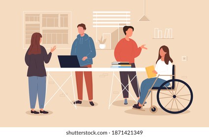 Inclusive Workplace Concept. Millennials Working In The Office, Teamwork, Young Adults Communicating At Work, Inclusive Collective. Flat Cartoon Vector Illustration With Fictional Chatacter