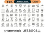 Inclusive workplace culture icon set. Thin line editable stroke icons for diversity, employee well-being, equity, leadership, and team collaboration in business