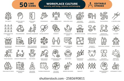 Inclusive workplace culture icon set. Thin line editable stroke icons for diversity, employee well-being, equity, leadership, and team collaboration in business