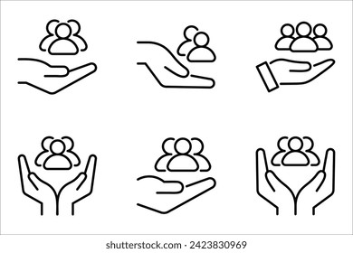 An inclusive workplace. employees on human hand line icon set vector illustration on white background