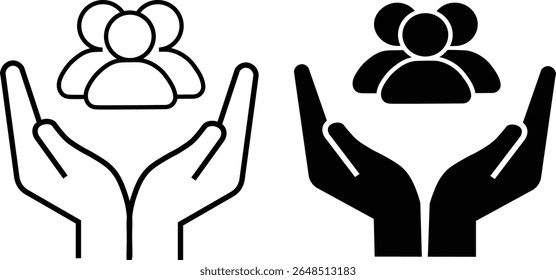 An inclusive workplace. employees on human hand line icon set vector illustration on white background