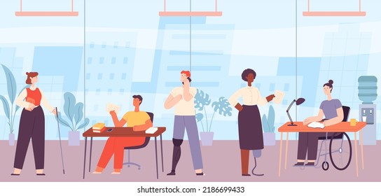 Inclusive workplace with people. Woman on wheelchair, colleagues with leg prosthesis and blind girl working at office. Workers sitting at desks and cooperating vector