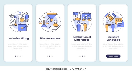 Inclusive workplace practices onboarding mobile app screen. Walkthrough 4 steps editable graphic instructions with linear concepts. UI, UX, GUI