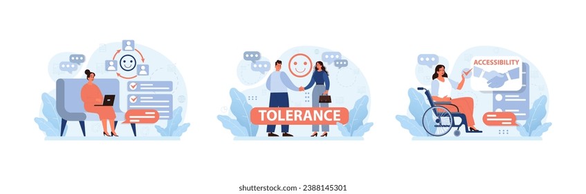 Inclusive workplace set. Modern employees collaborating, promoting tolerance. Accessibility for disabled. Diverse teamwork values. Flat vector illustration.