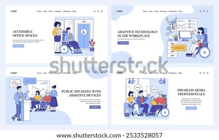 Inclusive Workplace set. Office adaptations for employees with disabilities. Workplace diversity, accessibility in corporate setting, and adaptive technology use. Vector illustration.
