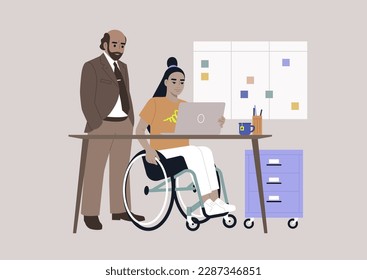 Inclusive workspace environment, A senior manager supervising an intern in the office