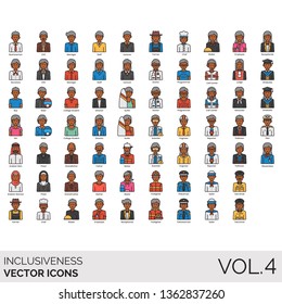 Inclusiveness icons including businessman, CEO, manager, staff, lecturer, secretary, boy, rider, college student, director, surfer, arabian man, priest, grandfather, father, skater, woman, grandmother
