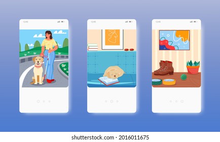 Inclusividad. Chica ciega con bastón y perro guía. Pantallas de aplicaciones móviles, plantilla de banner del sitio vectorial. UI, diseño de sitio web
