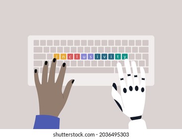 Inclusivity concept, a person with a technological hand prosthesis typing on a keyboard