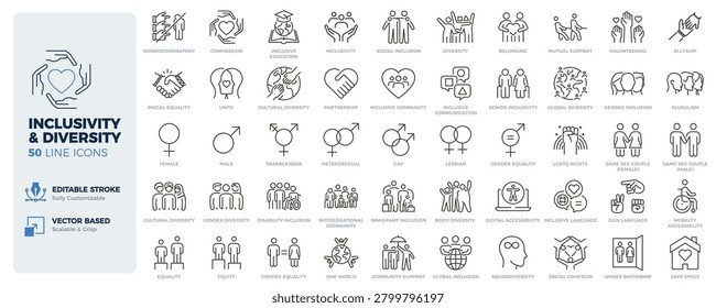 Inclusivity and diversity icons. Equality, accessibility, LGBTQ and social inclusion thin line icon set. Editable stroke vector illustrations.