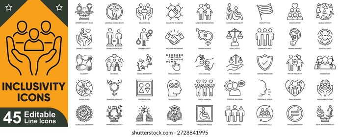 Diversidade de inclusão conjunto de ícones de linha fina, coleção de vetor social de gênero de igualdade de traço editável.