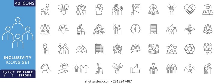 Inclusivity icon set. Thin line editable stroke icons for diversity, equity, accessibility, global community, multiple different gender and cultural identities, inclusion for all. Fully editable. vector illustration