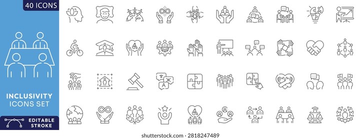 Inclusivity icon set. Thin line editable stroke icons for diversity, equity, accessibility, global community, multiple different gender and cultural identities, inclusion for all. Fully editable. vector illustration