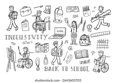 Inclusivity. Inclusive education. School students. School kids in a wheelchair. Teen boy in a wheelchair. Back to school. Doodle style. Great for banner, posters, professional design.