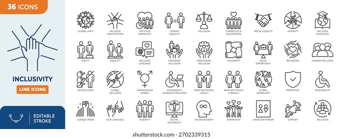 Conjunto de iconos editables de línea de inclusión. Trazo editable. Ilustración vectorial