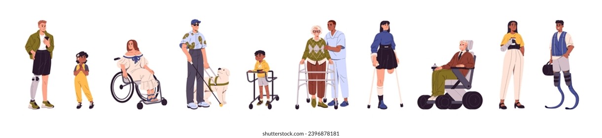 Conjunto de inclusividad. Diversas personas con discapacidades robóticas. El hombre ciego tiene perro guía. Niño feliz con audífono, mujer en silla de ruedas, chica sin pierna. Ilustración vectorial aislada plana en blanco