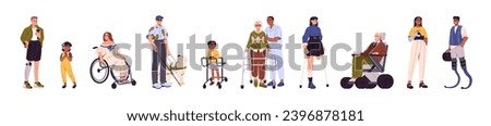 Inclusivity set. Diverse disabilited people with robotic prothesis. Blind man has guide dog. Happy kid in hearing aid, woman in wheelchair, girl without leg. Flat isolated vector illustration on white