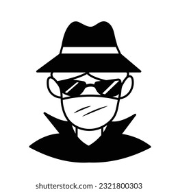 Incognito or anonymous person wearing black hat and coat with sunglasses vector icon isolated on square white background. Simple flat cartoon art styled drawing with cyber internet security.