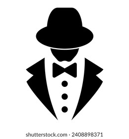 Incognito fake secret person icon. Unknown person in tuxedo suit and hat