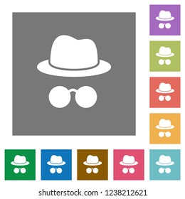 Incognito with glasses flat icons on simple color square backgrounds