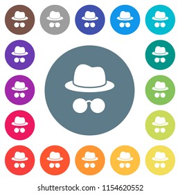 Incognito with glasses flat white icons on round color backgrounds. 17 background color variations are included.