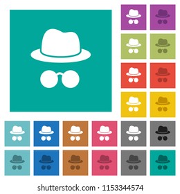 Incognito with glasses multi colored flat icons on plain square backgrounds. Included white and darker icon variations for hover or active effects.