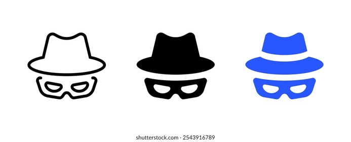 Incognito icon. Anonymous symbol with hat and mask. Spy agent sign. Hacker vector illustration. Privacy security pictogram. Anonymous person identity. Detective concept. Bandit mask silhouette