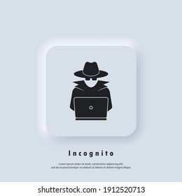 Incognito icon. Incognito logo. Browse in private. Spy agent, secret agent, hacker. Vector. UI icon. Neumorphic UI UX white user interface web button.