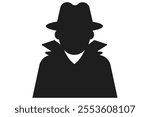 Incognito icon, mystery secret spy or detective silhouette, figure with hat glass or mask. Anonymous invisible character figure. 