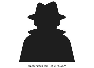 Incognito icon, mystery secret spy or detective silhouette, figure with hat glass or mask. Anonymous invisible character figure. 