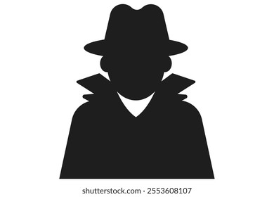 Incognito icon, mystery secret spy or detective silhouette, figure with hat glass or mask. Anonymous invisible character figure. 