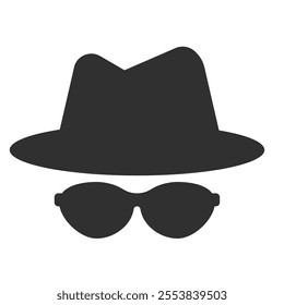 Incognito icon, mystery secret spy or detective silhouette, figure with hat glass or mask. Anonymous invisible character figure. 