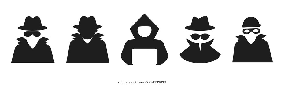 Incognito icon, mystery secret spy or detective silhouette, figure with hat glass or mask. Anonymous invisible character figure. 