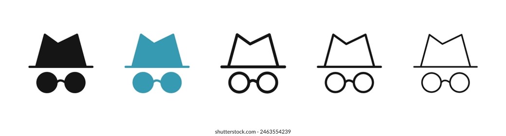 Incognito icon set. secret spy with hat. hidden private web browser icon. undercover investigation agent sign. criminal mafia or gangster symbol. scammer person icon suitable for UI designs.