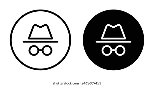 Conjunto de iconos de incógnito. Espía secreto con sombrero. Símbolo de Vector de navegador de Web privado oculto. Signo de agente de investigación encubierto. Icono de mafia criminal o gángster. Símbolo de persona estafadora.