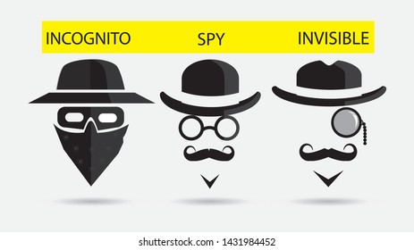 Incognito icon, spy icon, invisible icon. Spy sunglasses. Hat, goggles and pince-nez. Vector illustration.