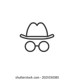 Incognito-Zeilensymbol. lineares Stilzeichen für mobiles Konzept und Webdesign. Hut und Brille umreißen Vektorsymbol. Symbol für anonyme Spionagenerzeuger, Logo-Abbildung. Vektorgrafik