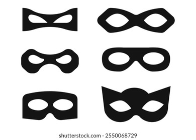 Incognito mask, villain or robber hide face element, black silhouette mystery costume icon. Superhero or carnival bandit burgar 